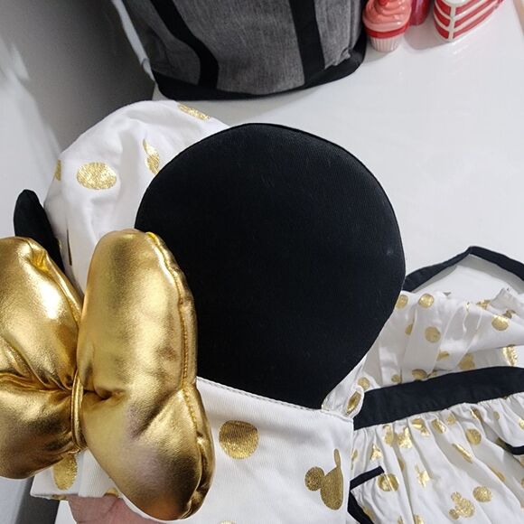 Disney Girls Chef Cooking Baking Apron & Minnie Mouse Ears Hat Set Gold Metallic - Picture 15 of 16